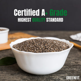 Greenfit chia seeds non-GMO label seen on packaging.