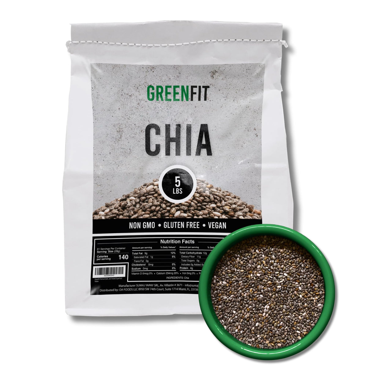Greenfit premium bulk chia seeds in a clear bag, ideal for bulk meal prep.