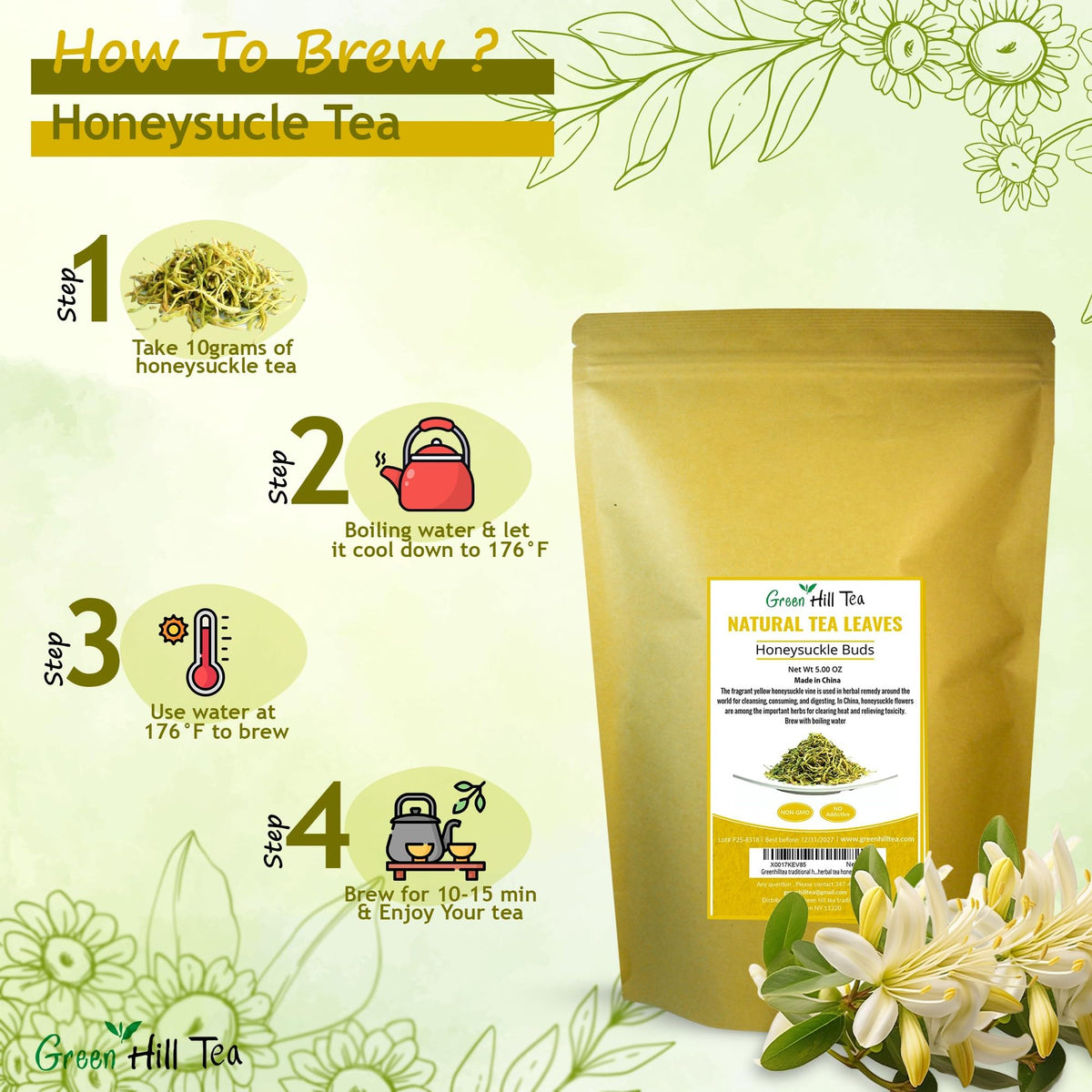 Brewing Greenhilltea honeysuckle tea in a cup, hot or iced
