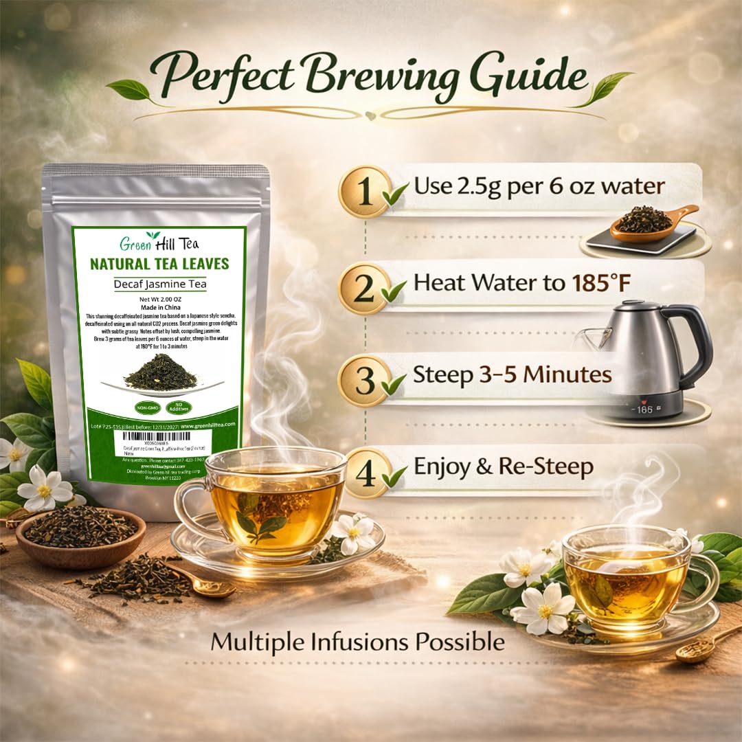 Greenhilltea decaf jasmine green tea cup steaming, ideal for relaxing evenings.