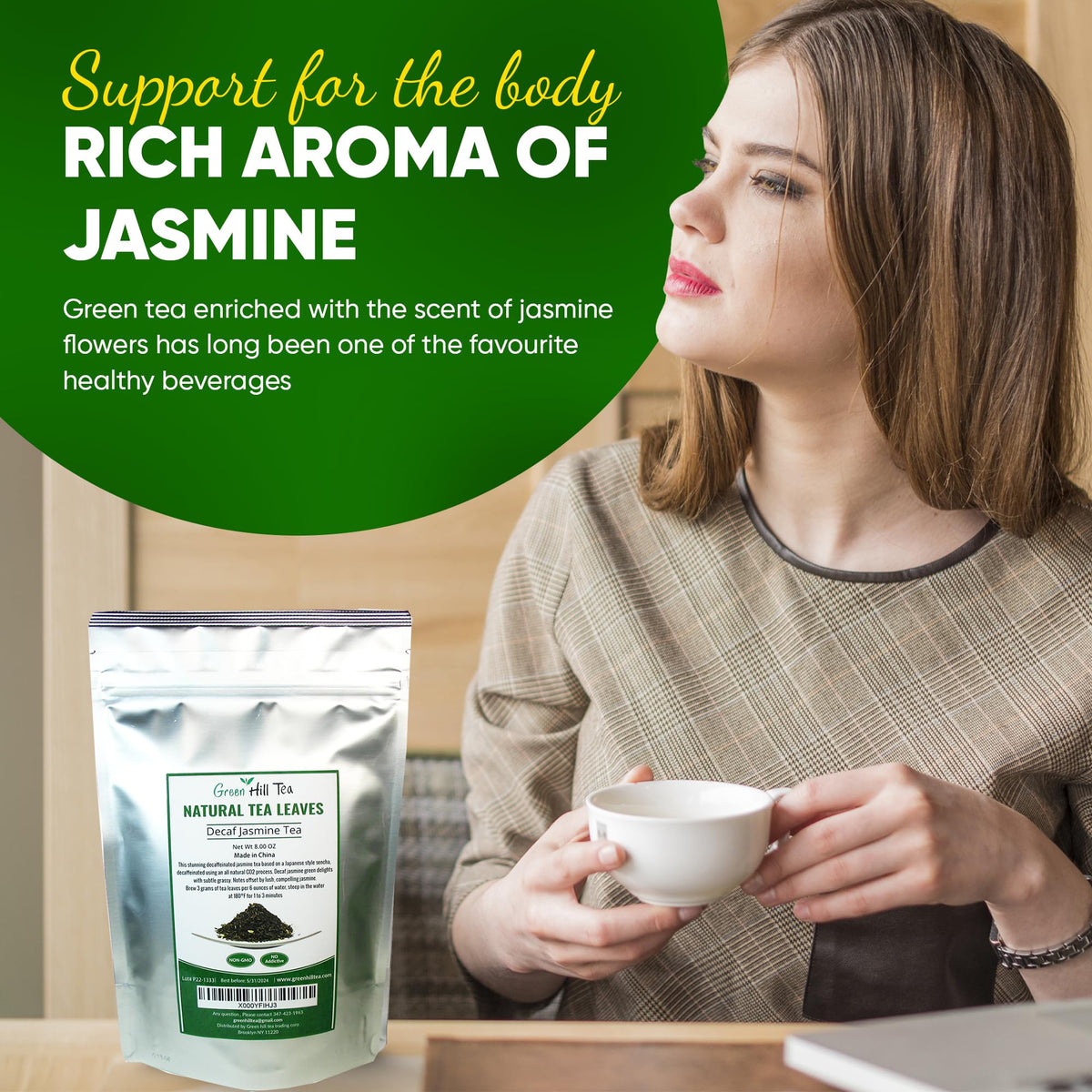 Greenhilltea Decaf Jasmine Green Tea ingredients list featuring natural jasmine flavor.