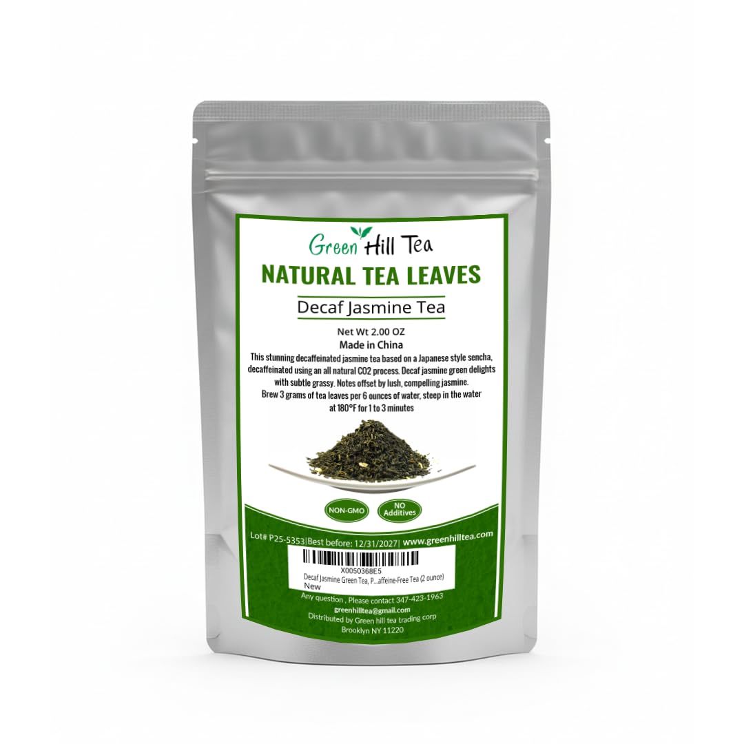 Greenhilltea decaf jasmine green tea loose leaves with fragrant aroma for caffeine-free moments.