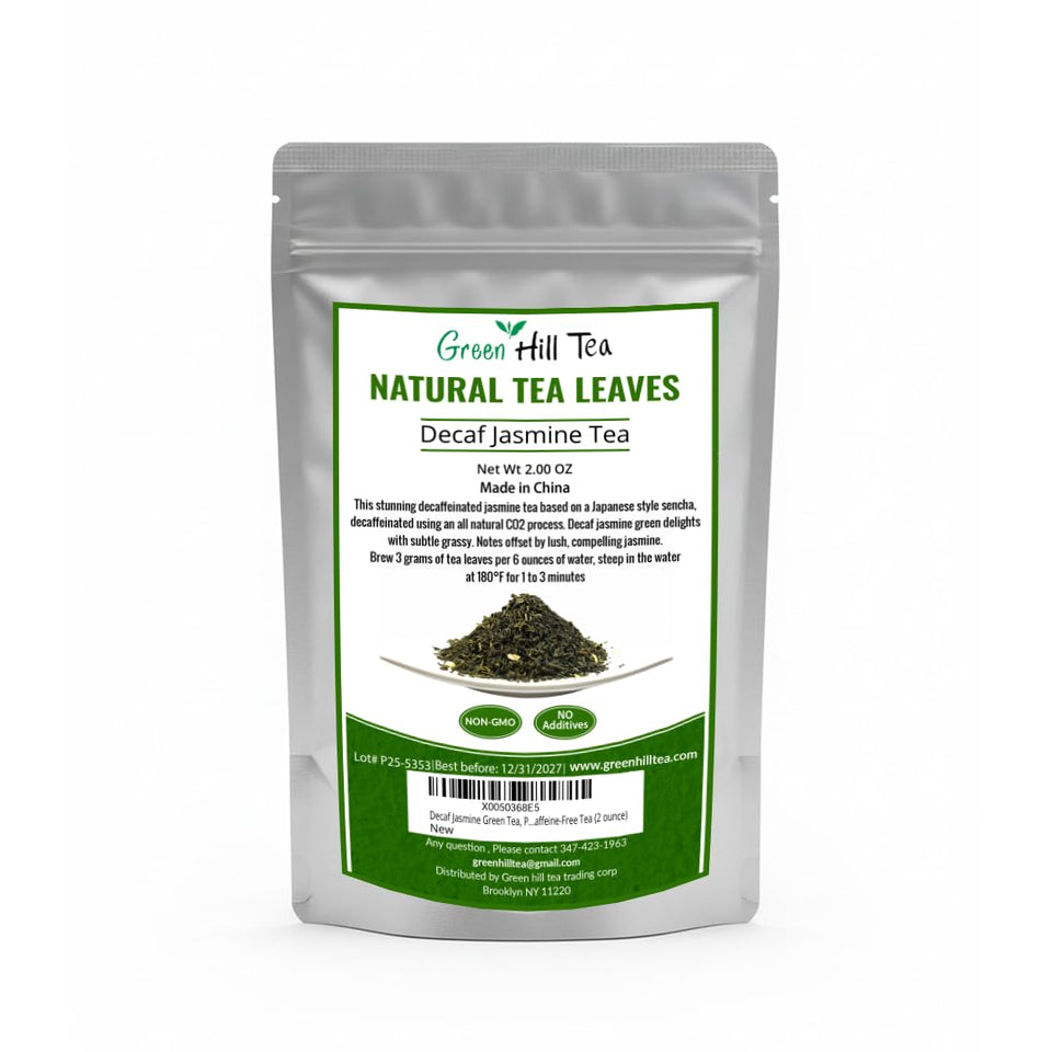 Greenhilltea decaf jasmine green tea loose leaves with fragrant aroma for caffeine-free moments.