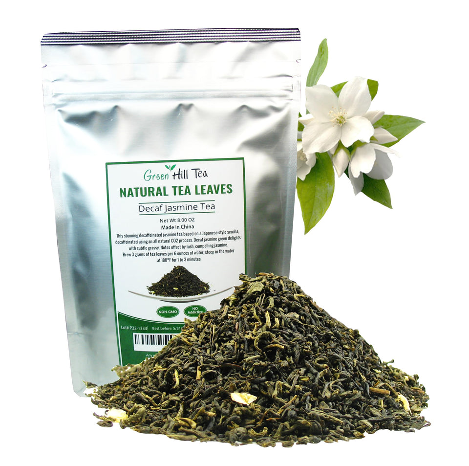 Greenhilltea Decaf Jasmine Green Tea loose leaf with relaxing aroma.