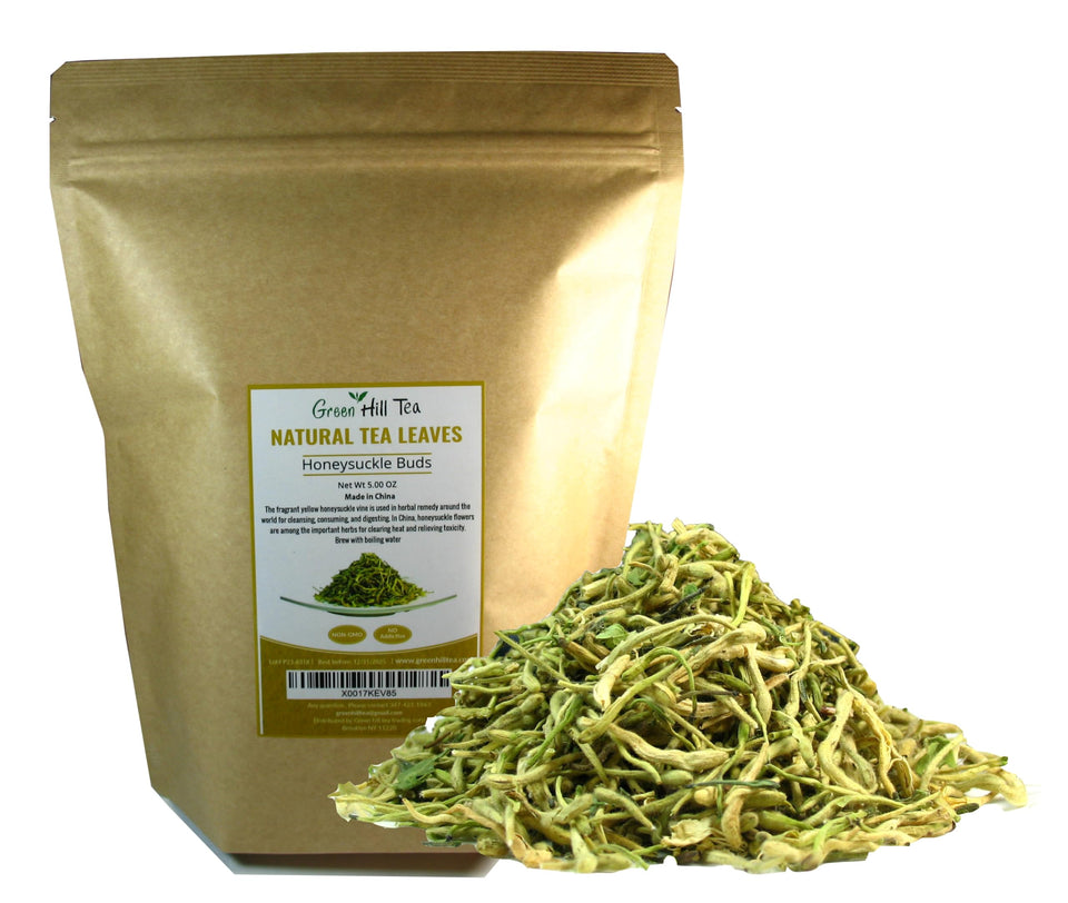 Greenhilltea honeysuckle buds packaging showing premium, caffeine-free herbal tea for relaxing moments