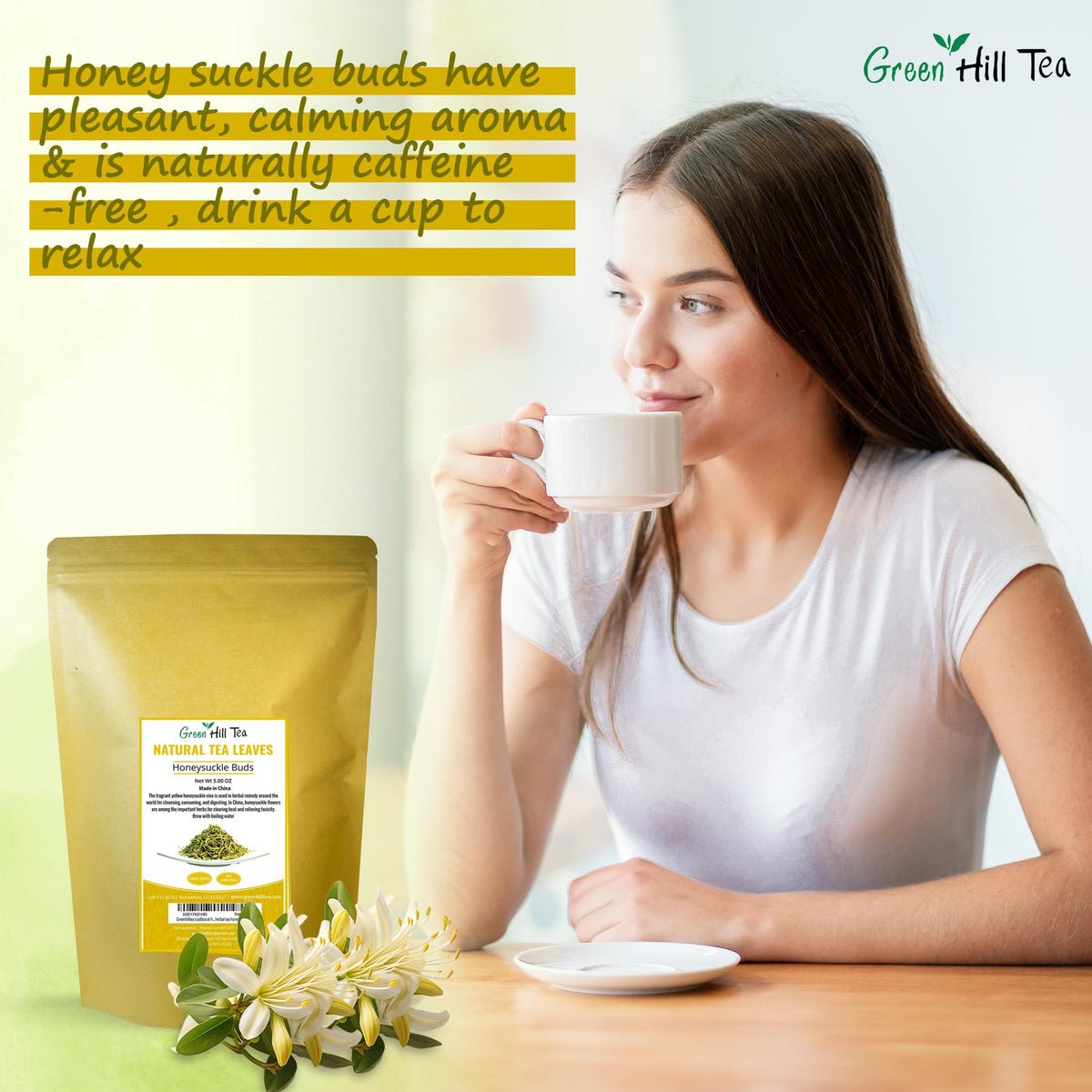 Loose-leaf honeysuckle tea from Greenhilltea ready for customizable brewing strength