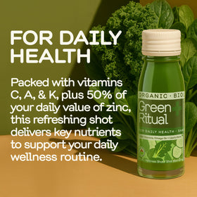 Close-up of Green Ritual Shot label highlighting zinc and vitamins for daily nutrition