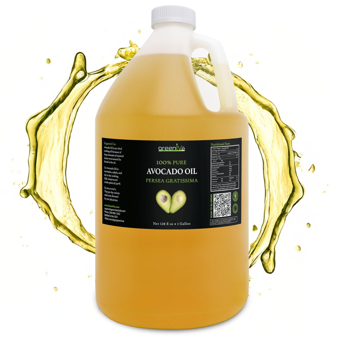 GreenIVe Avocado Oil 1 gal bottle front, pure oil ideal for high-heat cooking.