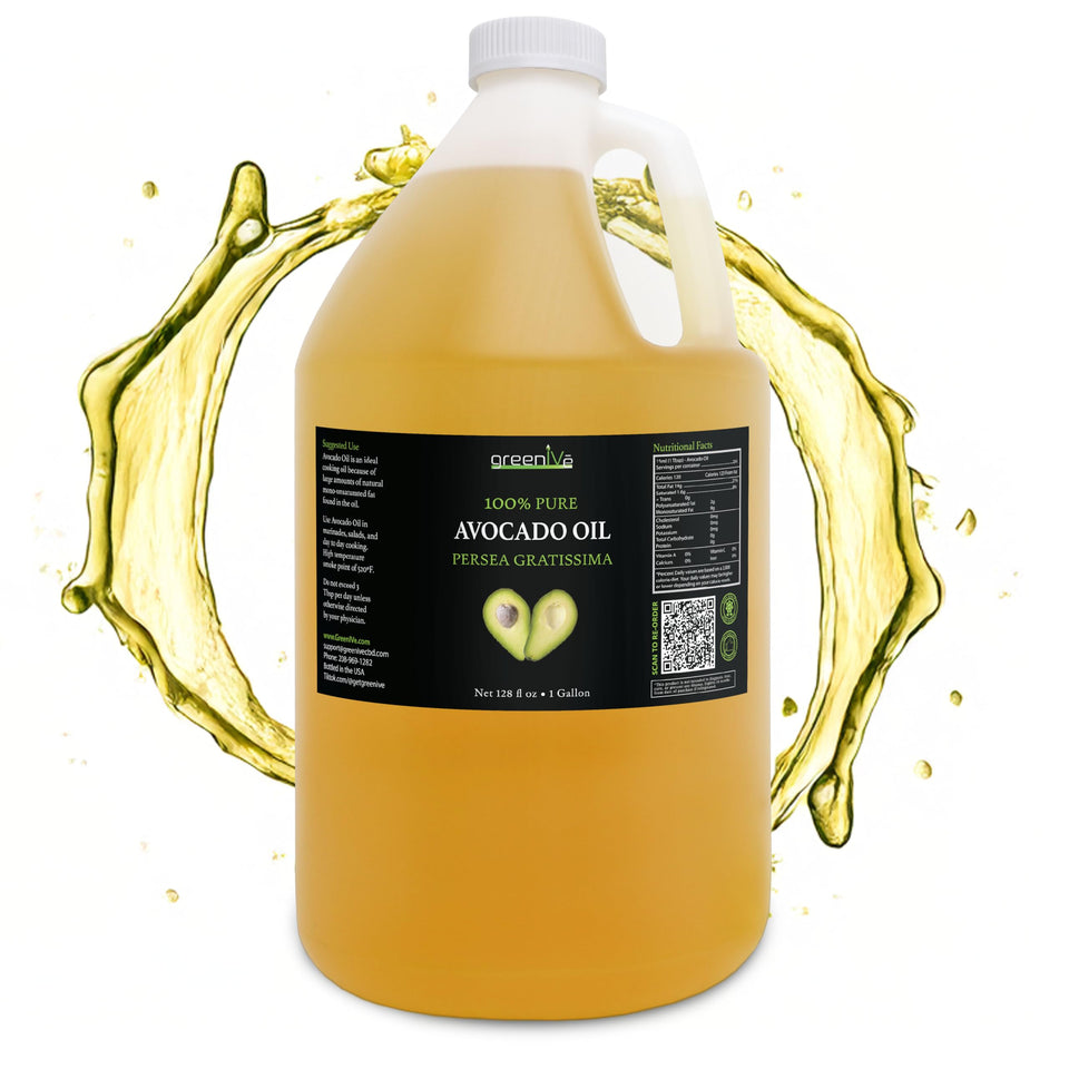 GreenIVe Avocado Oil 1 gal bottle front, pure oil ideal for high-heat cooking.