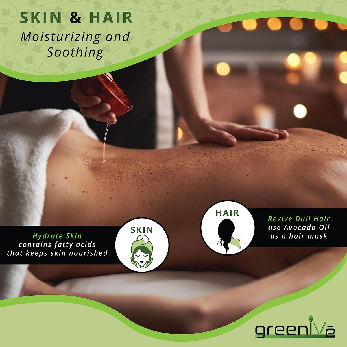 GreenIVe Avocado Oil drizzle on salad and dressings.