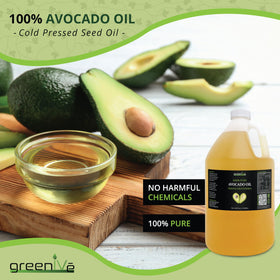GreenIVe Avocado Oil label close-up showing 100% pure avocado oil.