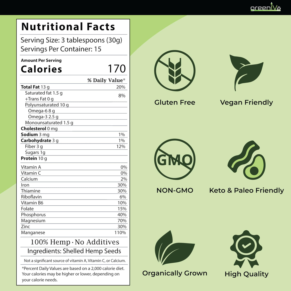 GreenIVe Hemp Hearts versatile for yogurt, smoothies, salads, and snacks.