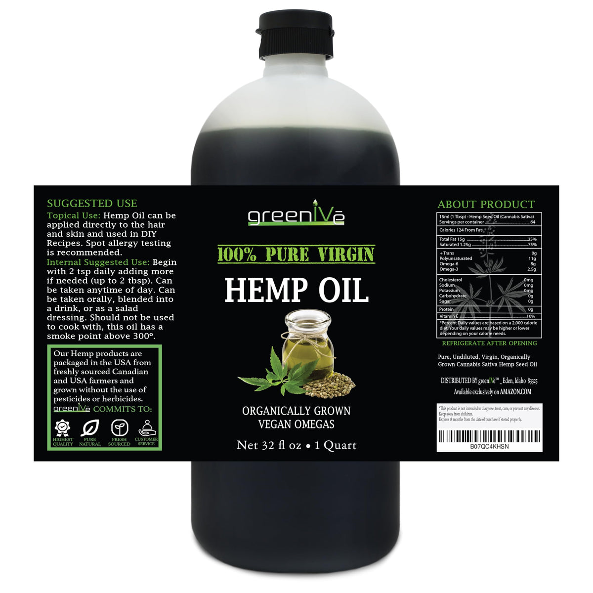 GreenIVe hemp oil label closeup shows quality markers and natural sourcing.