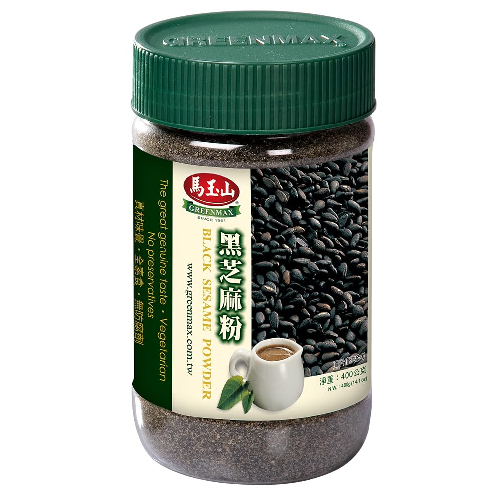 Greenmax Black Sesame Powder jar with rich aroma, ideal for smoothies and baking.