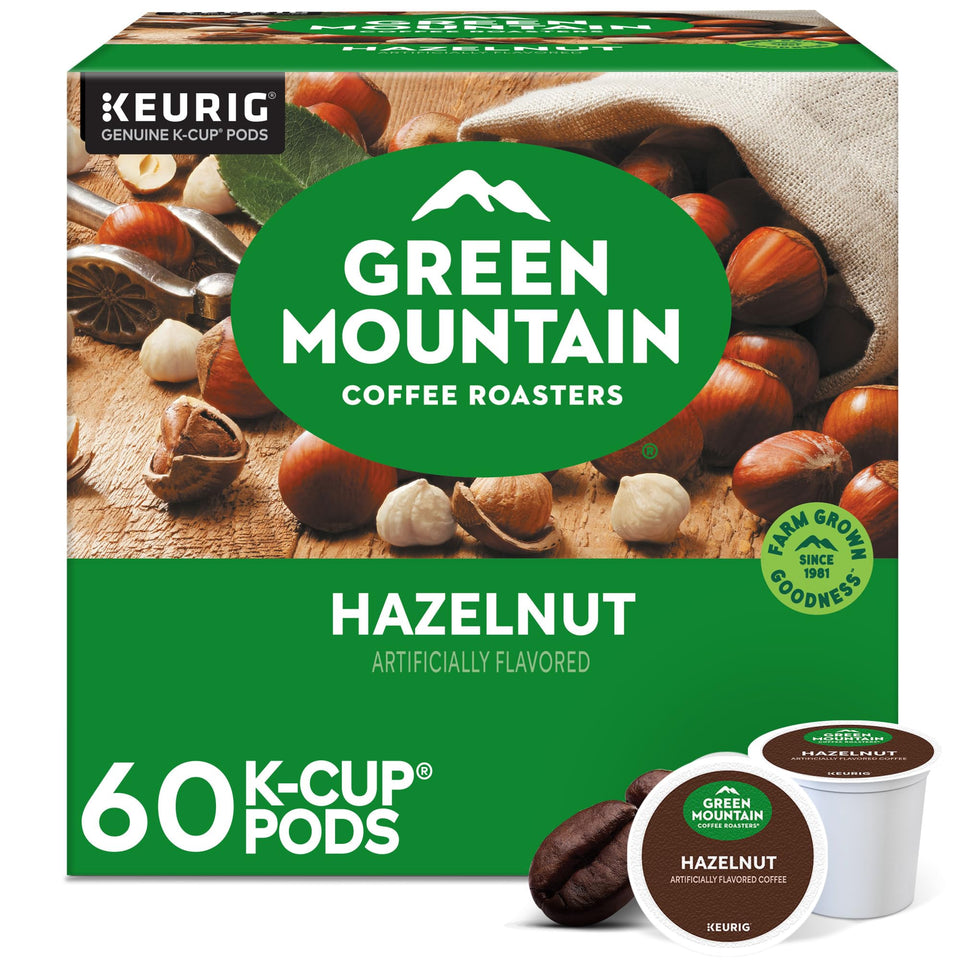 Green Mountain Coffee Roasters Hazelnut K-Cup pods ready to brew a smooth, nutty cup.