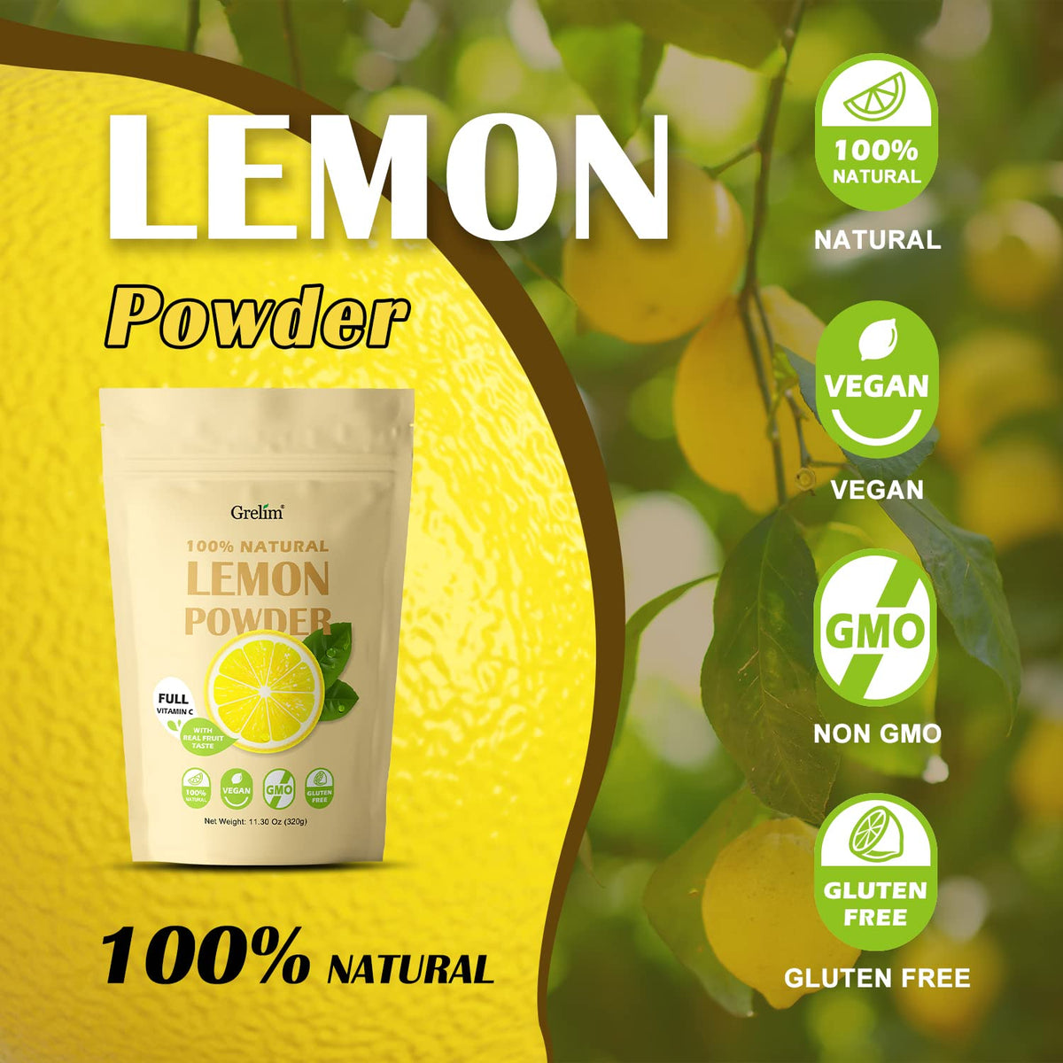 Grelim Lemon Powder packaging front showing ingredients and gluten-free promise.