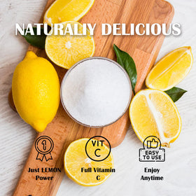 Grelim Lemon Powder being poured into a glass for a refreshing beverage flavor.