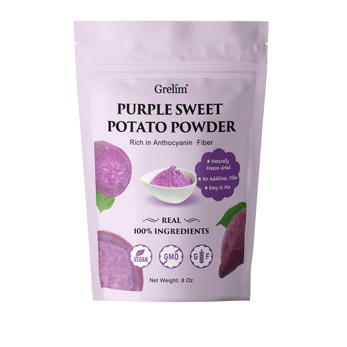 Grelim Premium Purple Sweet Potato Powder in a resealable bag boosts color and flavor.