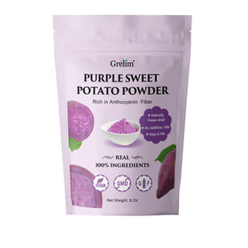 Grelim Premium Purple Sweet Potato Powder in a resealable bag boosts color and flavor.