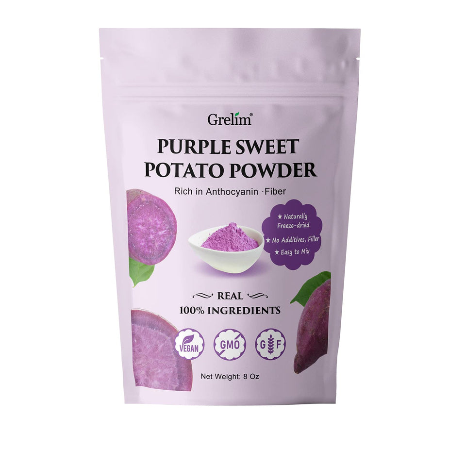 Grelim Premium Purple Sweet Potato Powder in a resealable bag boosts color and flavor.