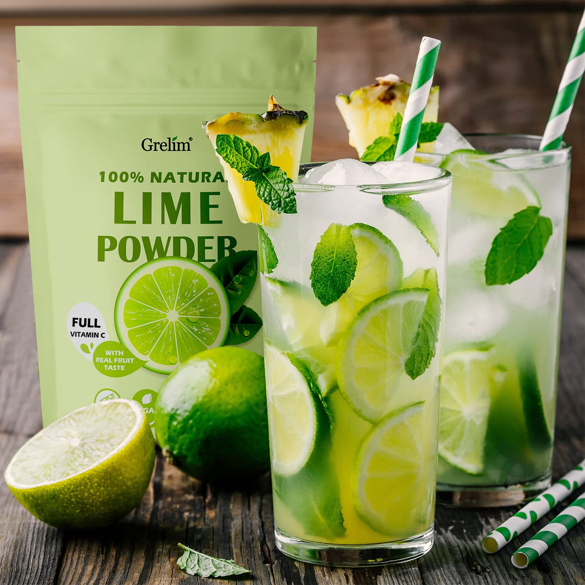 Grelim water glass with lime powder for flavor enhancement without sugar