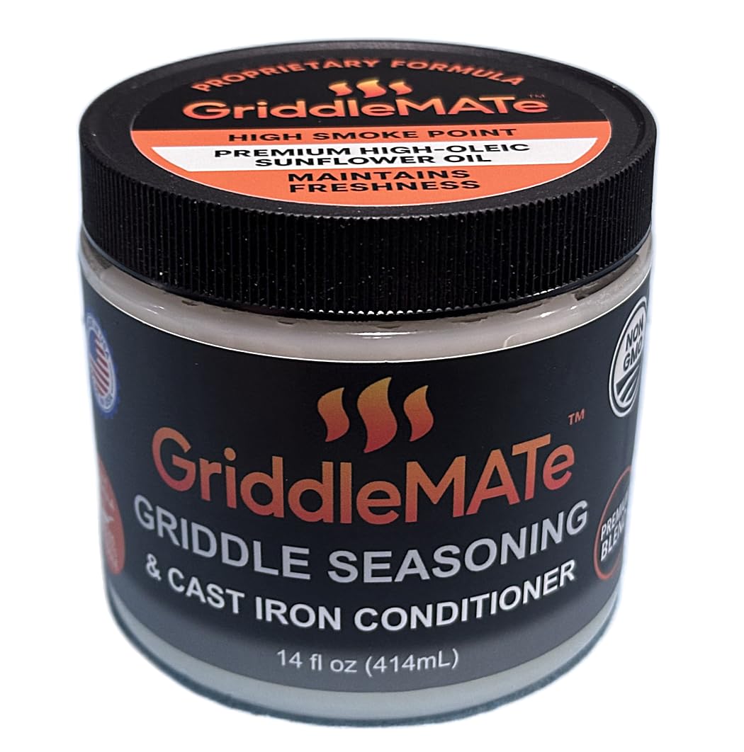 GriddleMATe bottle pour showing easy seasoning application for quick griddle prep