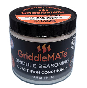 GriddleMATe bottle pour showing easy seasoning application for quick griddle prep