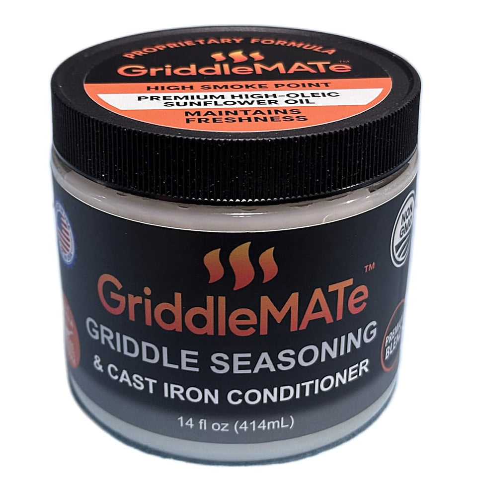 GriddleMATe bottle pour showing easy seasoning application for quick griddle prep