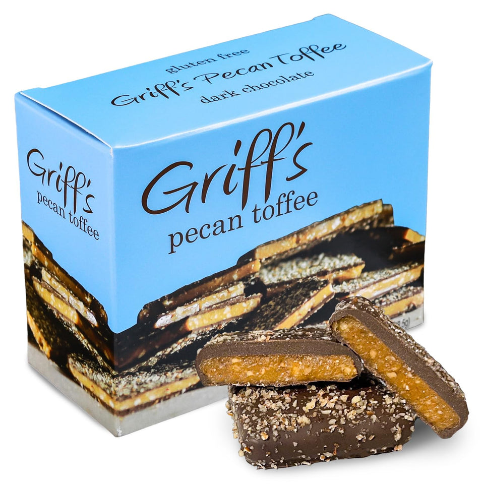 Griff's Coffee Toffee pecan-square with dark chocolate coating; gluten-free indulgence.
