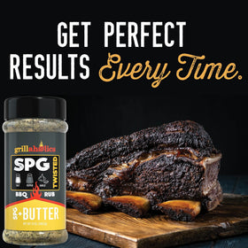 Grillaholics SPG Butter seasoned steak on grill with juicy crust.