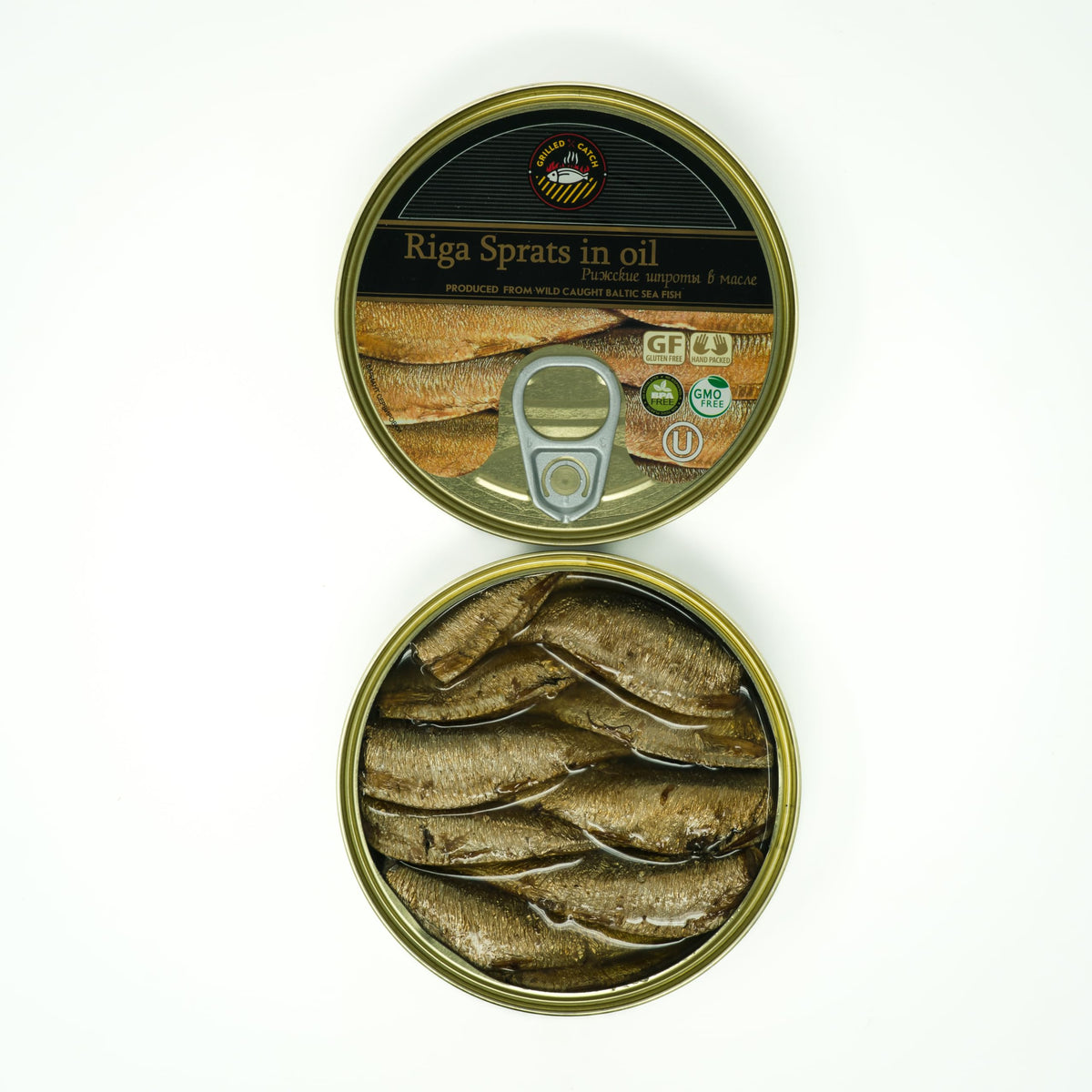 Grilled Catch Riga Smoked Sprats tin – ready-to-eat protein with rich flavor.