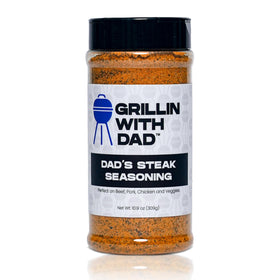 Grillin With Dad steak seasoning bottle closeup for bold beef flavor.