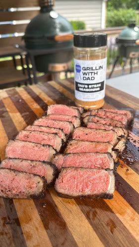 Rub Grillin With Dad steak seasoning onto a steak before grilling.