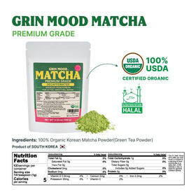 GRIN MOOD Matcha powder in a bowl with whisk, ready for whisking.