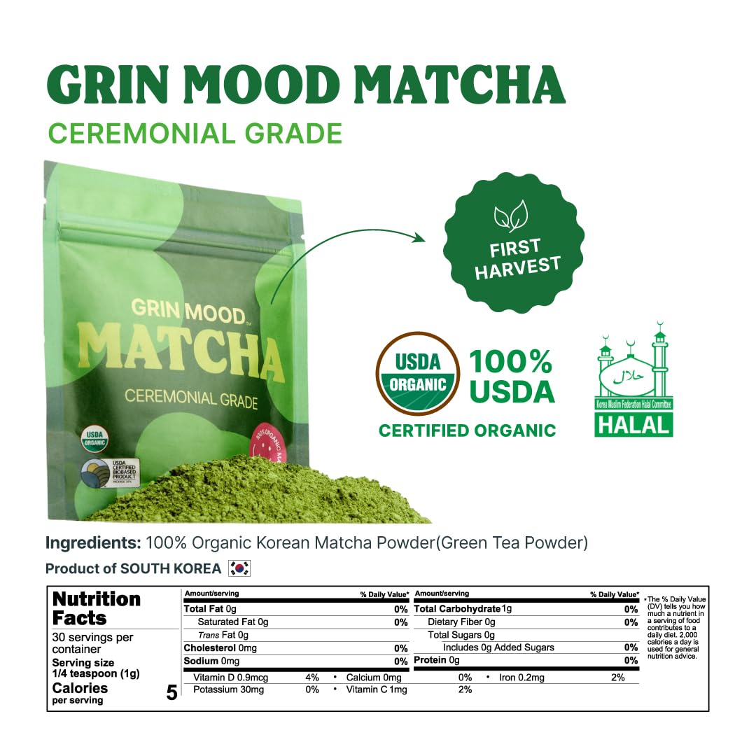 GRIN MOOD Matcha powder certifications label confirms organic and halal standards.