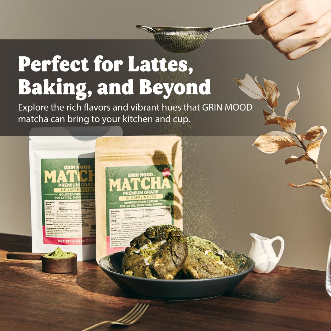 GRIN MOOD Matcha powder in a jar or sachet, ideal pantry staple.