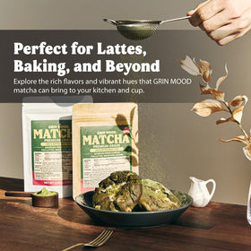GRIN MOOD Matcha powder in a jar or sachet, ideal pantry staple.