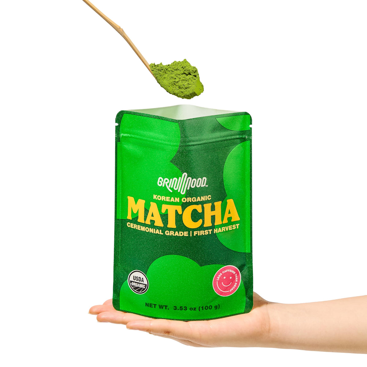 GRIN MOOD Matcha powder packaging showcases recyclable materials and purity.