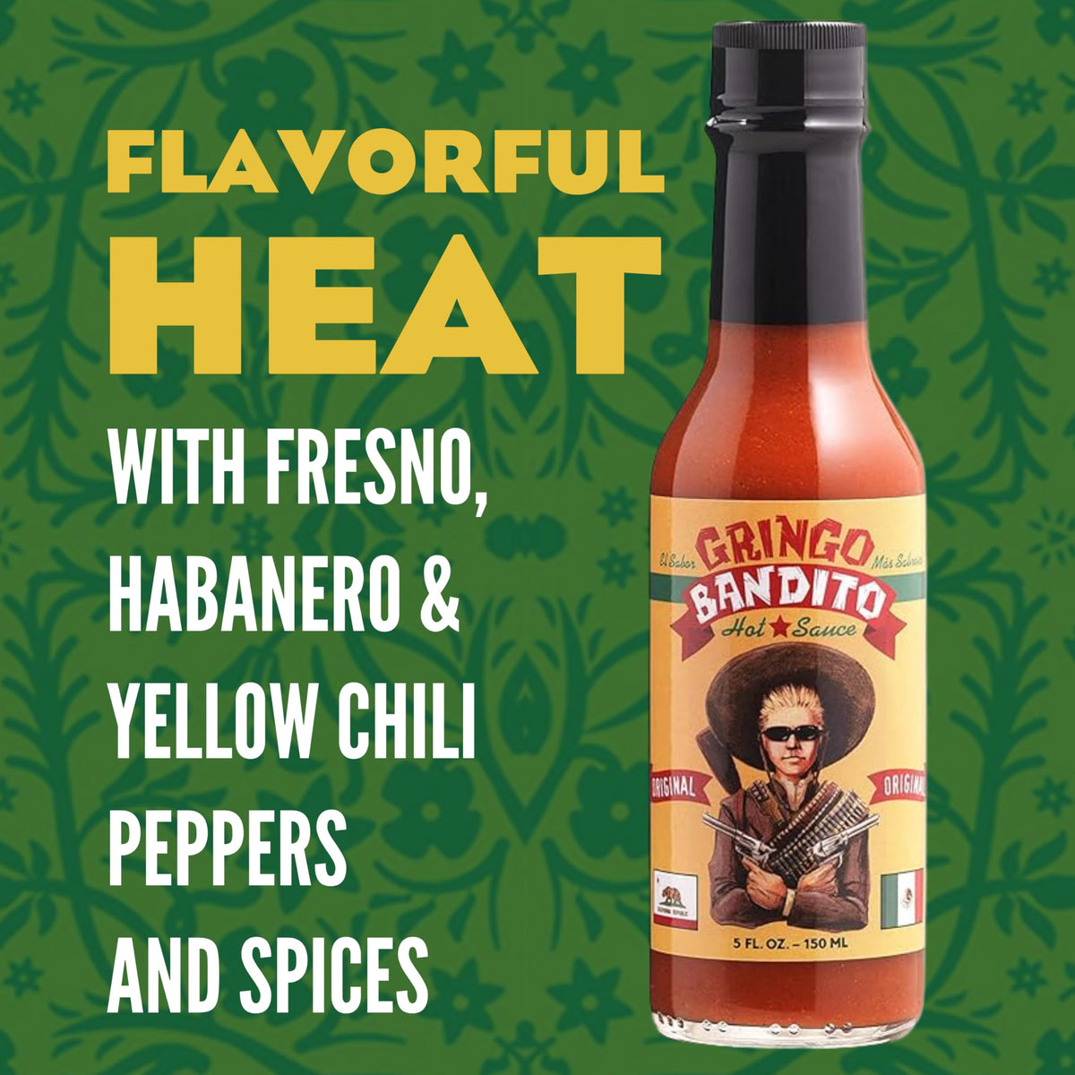 Gringo Bandito label close-up showing bold flavor and USA-made claim