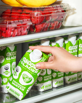 Groovy Glacier label highlights 100% coconut water, not from concentrate.