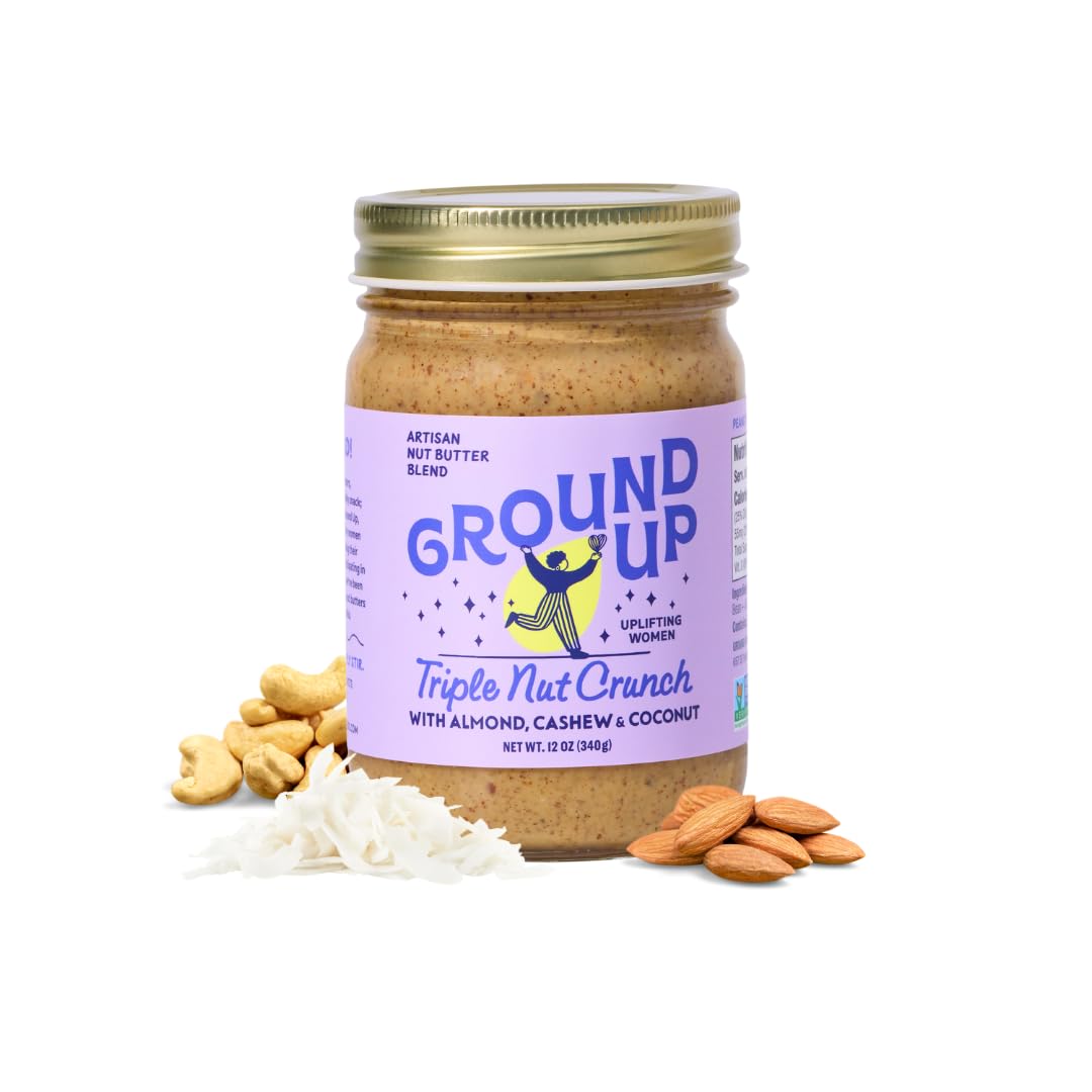 Ground Up almond & cashew butter jar shows creamy texture ideal for toast.