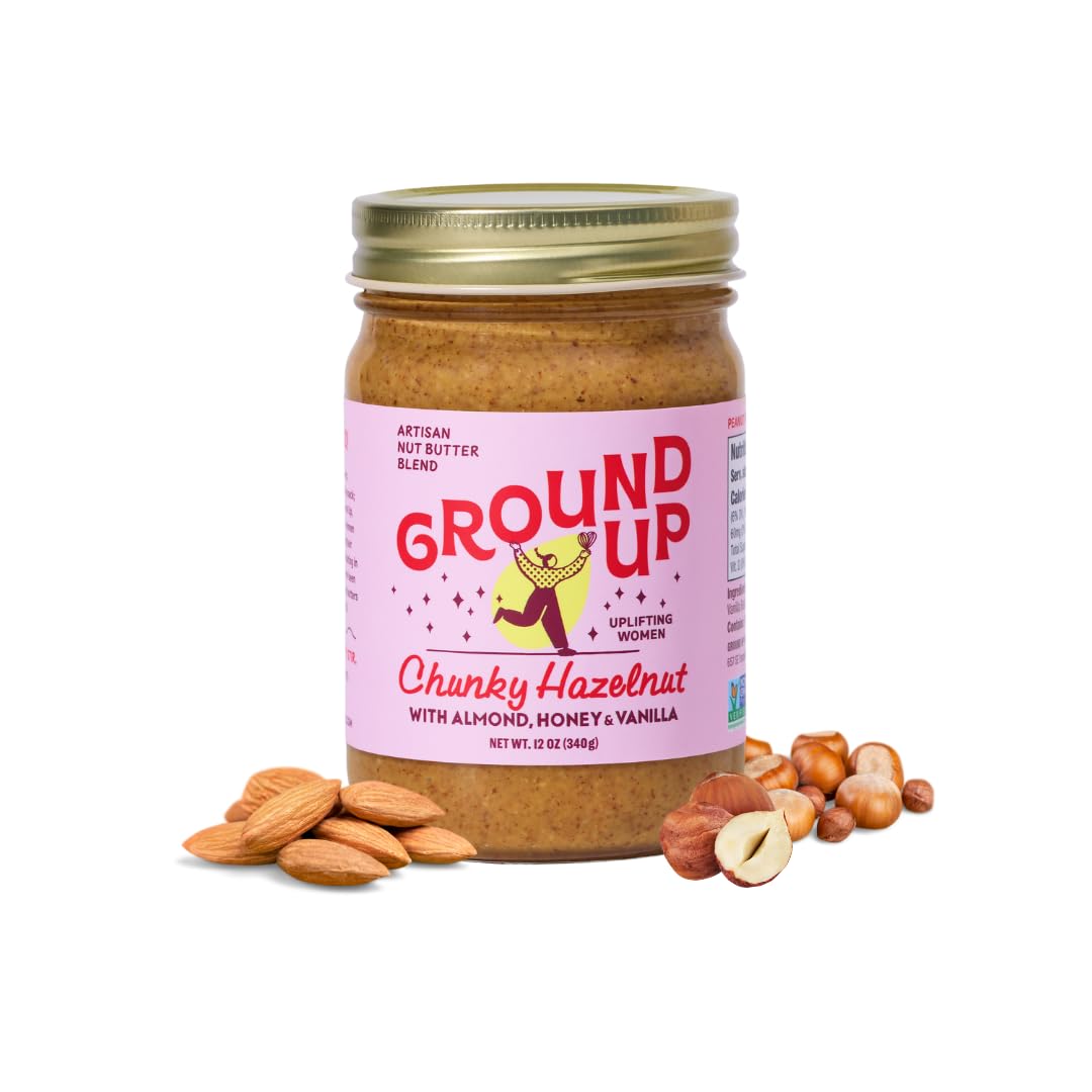 Ground Up Almond & Hazelnut Butter jar close-up showing creamy spread.