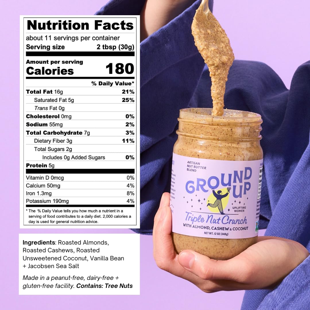 Ground Up ingredients close-up displays almonds, cashews, and coconut for flavorful spreads.