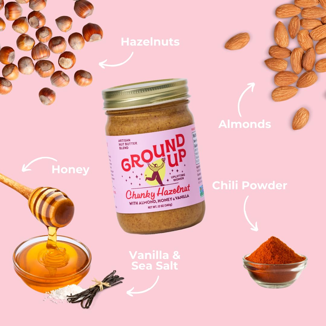 Ground Up ingredients label highlights almonds and hazelnuts for rich flavor.