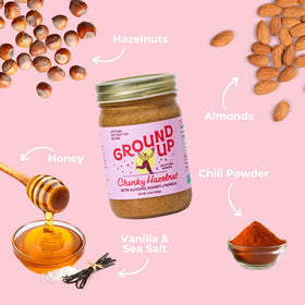 Ground Up ingredients label highlights almonds and hazelnuts for rich flavor.