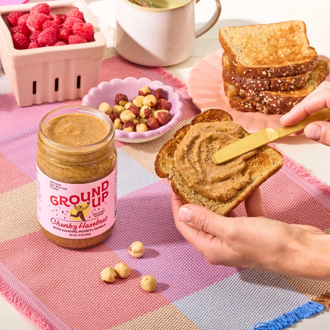 Ground Up nut butter texture close-up emphasizes creamy, scoopable form.