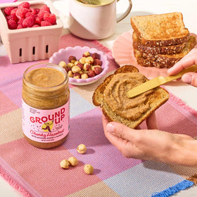 Ground Up nut butter texture close-up emphasizes creamy, scoopable form.