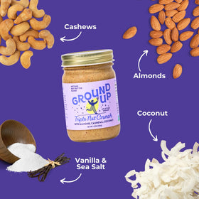 Ground Up triple nut crunch close-up highlights crunchy texture for snacking.