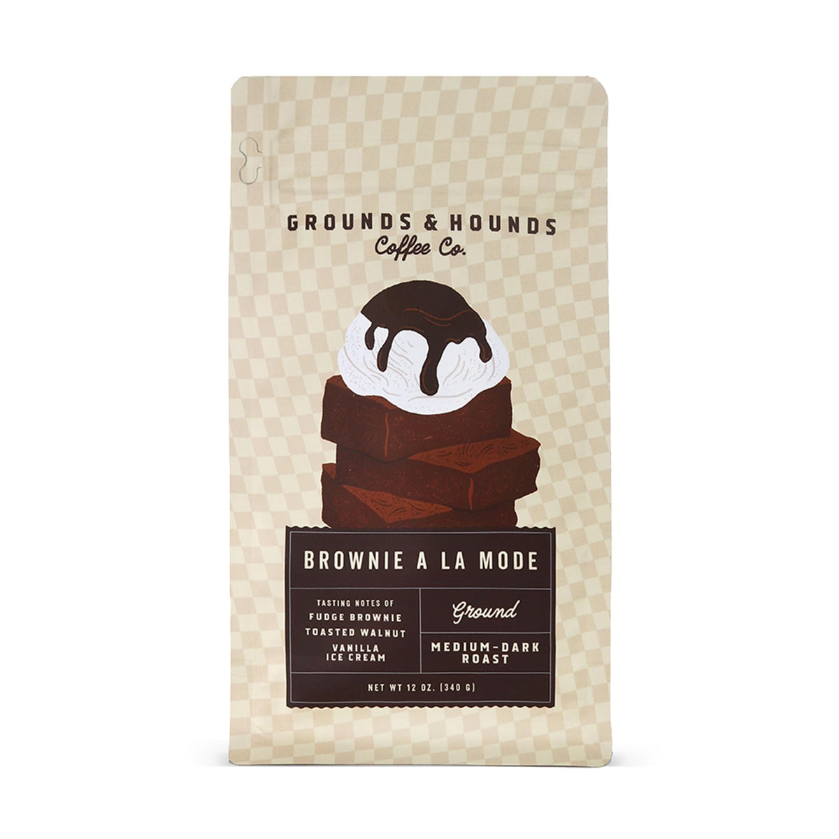 Grounds & Hounds Brownie A La Mode 12oz ground bag with rich aroma.