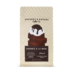 Grounds & Hounds Brownie A La Mode 12oz ground bag with rich aroma.